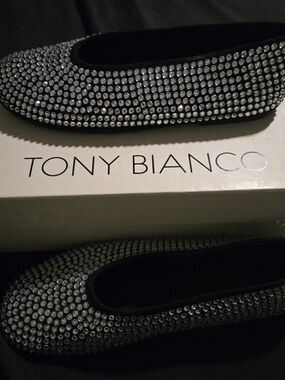 Tony Bianco Black Crystal-Embellished Ballet Flats Size 8